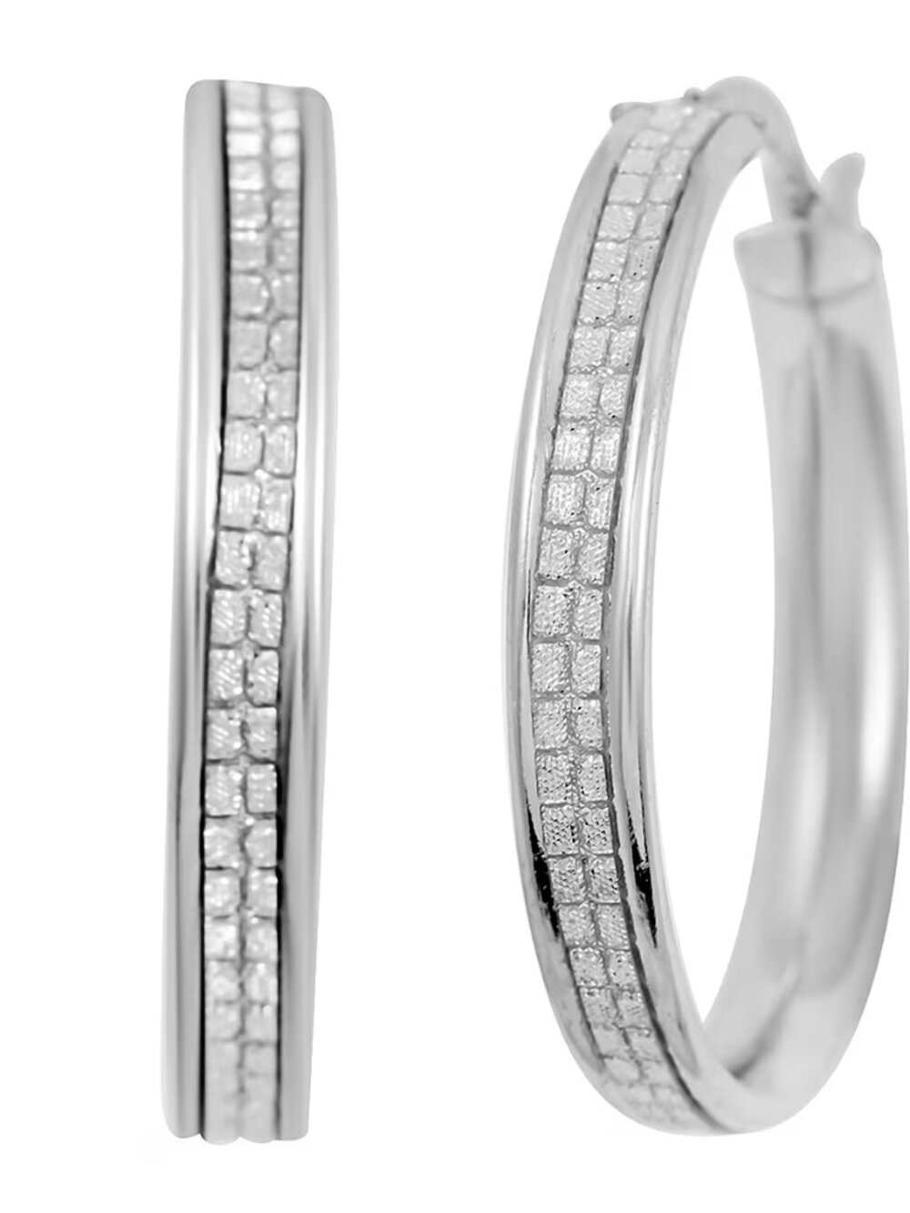 Grid Hoop Earrings in Rhodium Over Sterling Silver 3 grams - NEW - 1 in Long